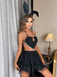 Contrast Binding Cut Out Animal Costume Set With Hairhoop - Black - View 5