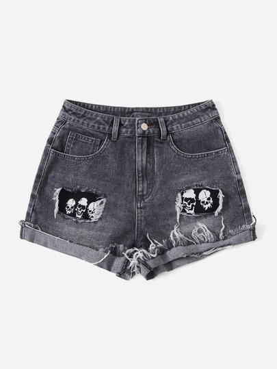 Goth Shorts in jeans strappati con stampa a teschio, per la scuola