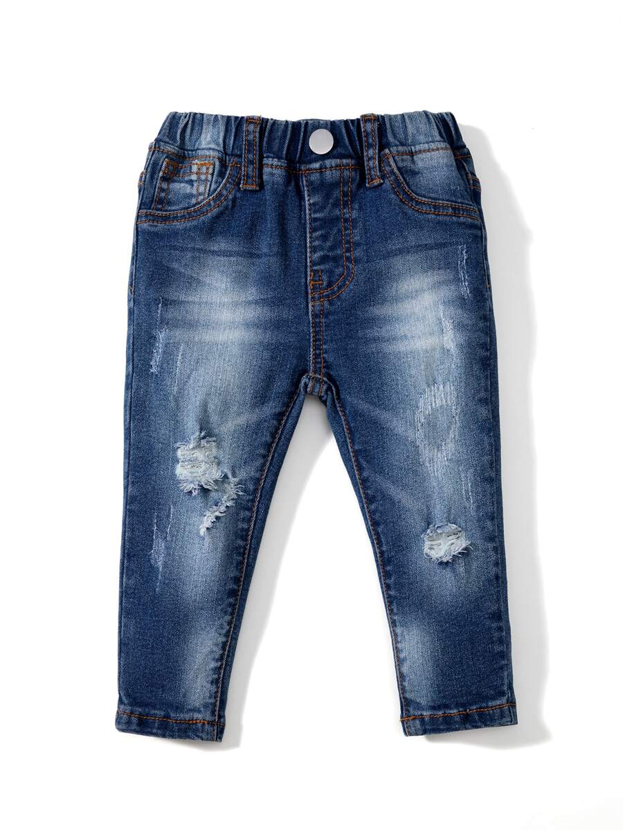 Baby Boy Elastic Waist Washed Ripped Jeans - Dark Wash - View 1
