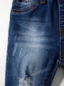 Baby Boy Elastic Waist Washed Ripped Jeans - Dark Wash - View 8