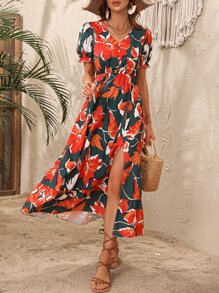 SHEIN VCAY Floral Print Puff Sleeve Split Thigh Dress - Multicolor - View 1
