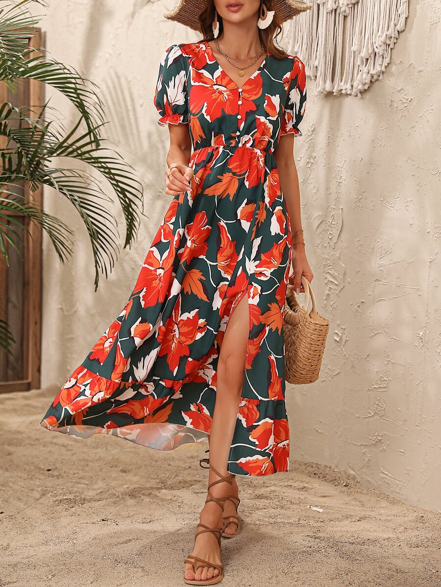 SHEIN VCAY Floral Print Puff Sleeve Split Thigh Dress - Multicolor - View 1