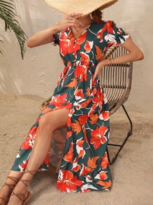 SHEIN VCAY Floral Print Puff Sleeve Split Thigh Dress - Multicolor - View 3