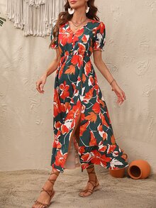 SHEIN VCAY Floral Print Puff Sleeve Split Thigh Dress - Multicolor - View 5