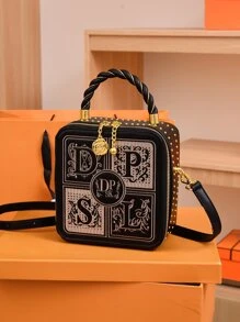 時尚、簡約、休閒、迷你字母刺繡鑲嵌裝飾方形女包,適合女孩、少女 - 彩色 - 查看 1
