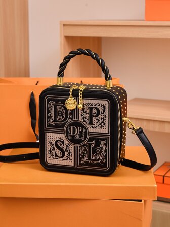 時尚、簡約、休閒、迷你字母刺繡鑲嵌裝飾方形女包,適合女孩、少女