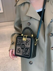 時尚、簡約、休閒、迷你字母刺繡鑲嵌裝飾方形女包,適合女孩、少女 - 彩色 - 查看 2