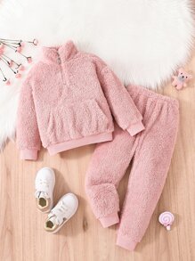 小女童袋鼠口袋絨毛衛衣和褲子 - 藕粉色 - 查看 1