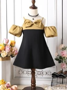 Toddler Girls Bow Front Cold Shoulder Colourblock Dress - Multicolor - View 1