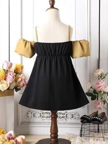 Toddler Girls Bow Front Cold Shoulder Colourblock Dress - Multicolor - View 2