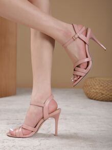 女士时尚高跟凉鞋，性感细高跟踝带凉鞋，酒红色