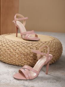 女士时尚高跟凉鞋，性感细高跟踝带凉鞋，酒红色