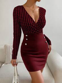 SHEIN Privé 千鳥格印花交疊領緊身連衣裙