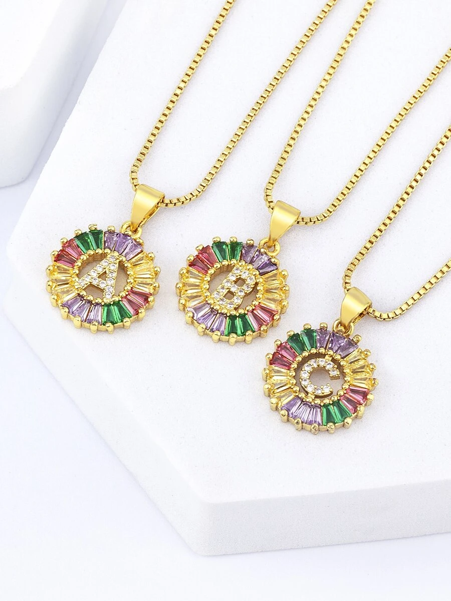 1入組字母細節方晶鋯石圓形吊飾項鍊 - 金黃色 - 查看 1