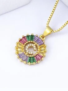 1入組字母細節方晶鋯石圓形吊飾項鍊 - 金黃色 - 查看 8