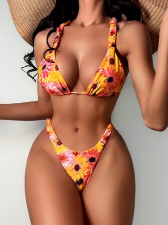 Floral Print Thong Summer Beach Bikini Set
