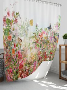 花卉和蝴蝶圖案防水浴簾 - 彩色 - 查看 1