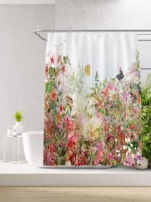 花卉和蝴蝶圖案防水浴簾 - 彩色 - 查看 2