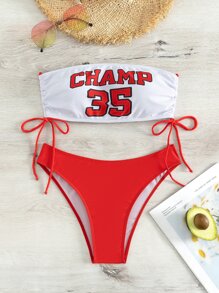 Slaydiva Summer Beach Letter Graphic Drawstring Side Bandeau Bikini Set - Red and White - View 3