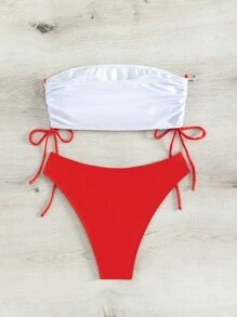 Slaydiva Summer Beach Letter Graphic Drawstring Side Bandeau Bikini Set - Red and White - View 2