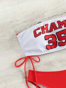 Slaydiva Summer Beach Letter Graphic Drawstring Side Bandeau Bikini Set - Red and White - View 4