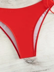 Slaydiva Summer Beach Letter Graphic Drawstring Side Bandeau Bikini Set - Red and White - View 5