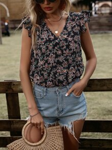 SHEIN VCAY 碎花蕾絲拼接後綁帶蝴蝶袖連體衣 - 黑色 - 查看 5