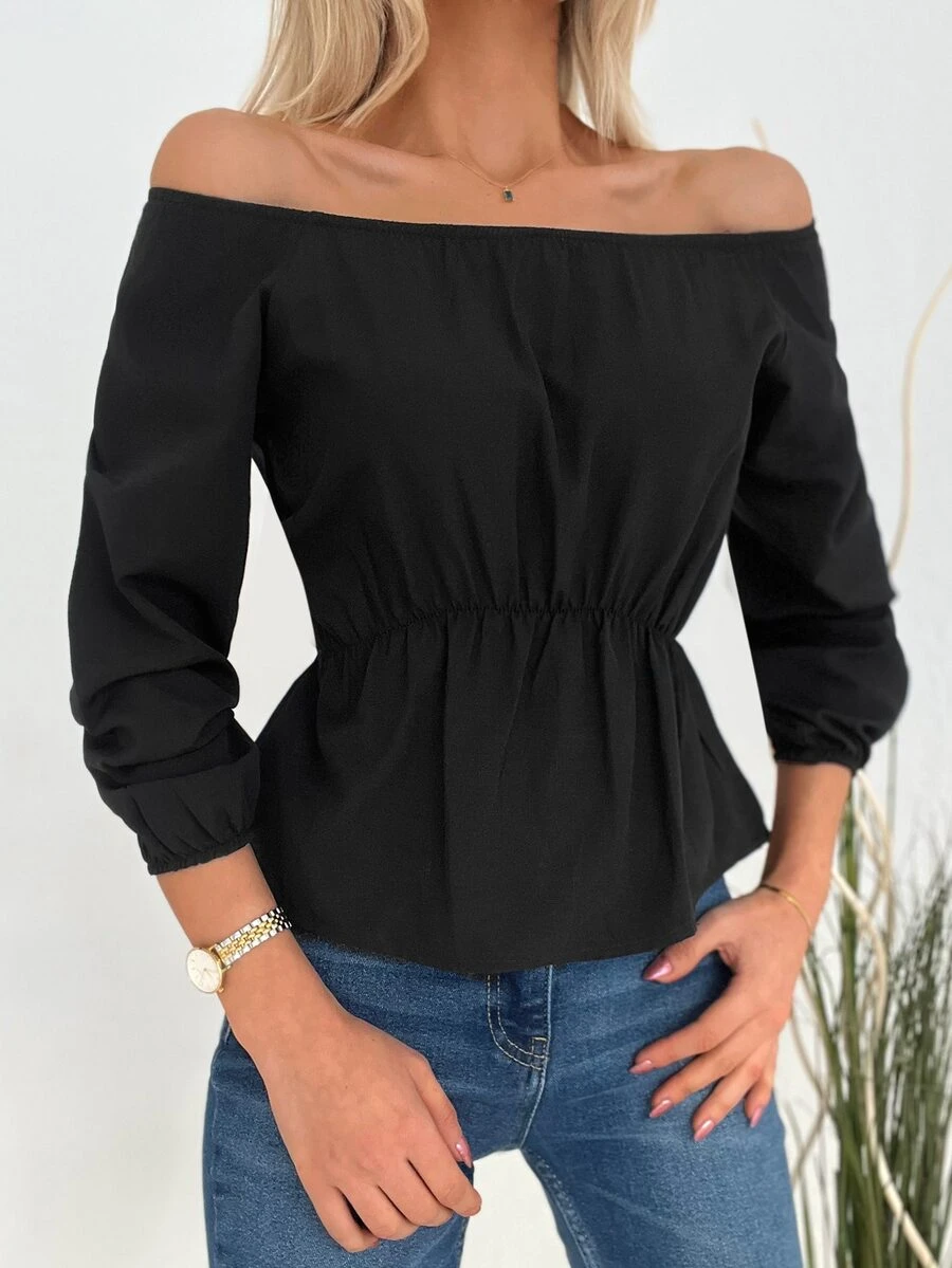 Cottnline Blusa peplum de hombros descubiertos - Negro - Ver 1