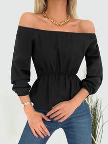 Cottnline Blusa peplum de hombros descubiertos - Negro - Ver 3