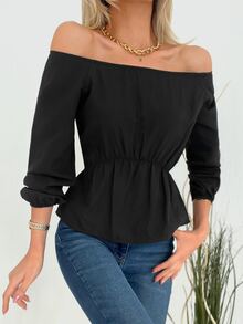 Cottnline Blusa peplum de hombros descubiertos - Negro - Ver 4