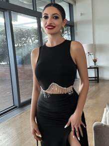 RueChic Top tank con diamante de imitación bajo con fleco - Negro - Ver 3