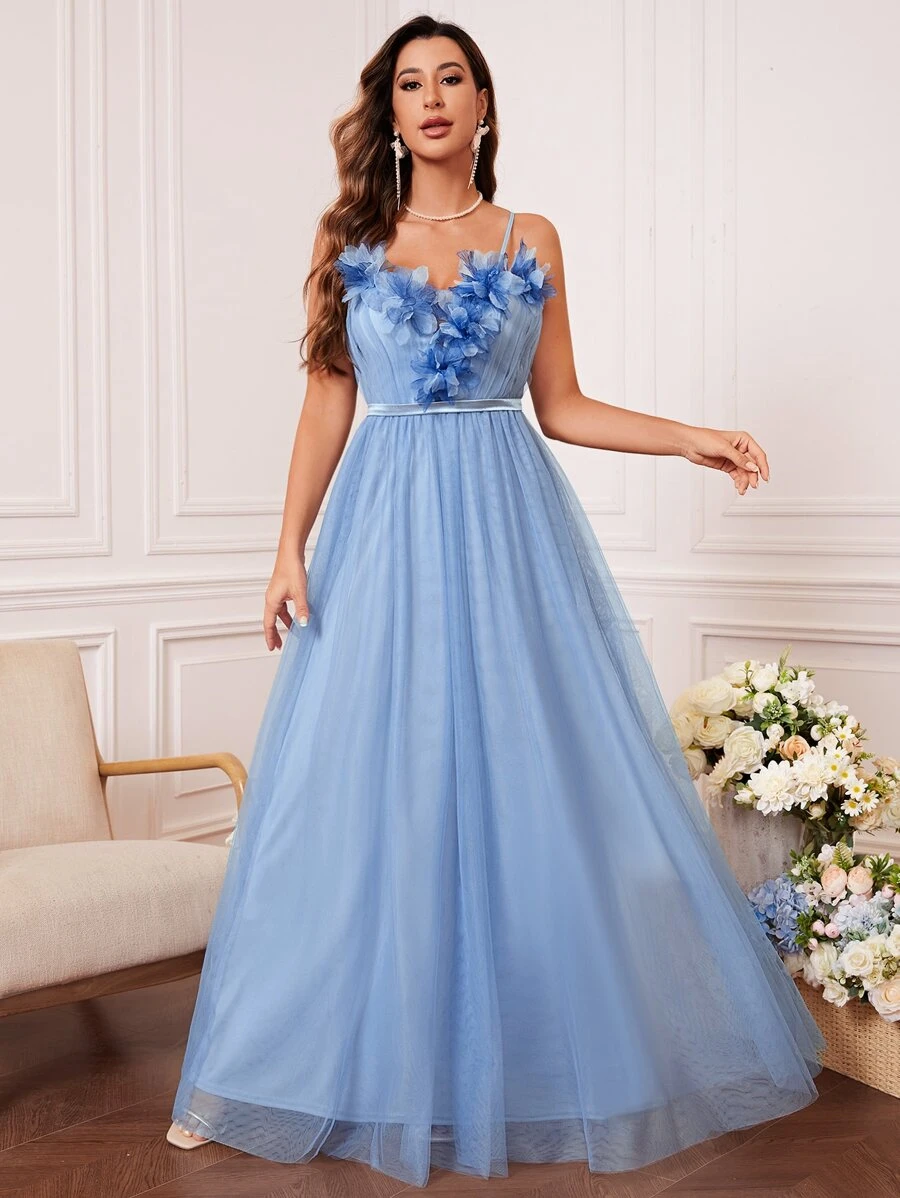 貼花吊帶裙伴娘禮服 - 淺藍色 - 查看 1