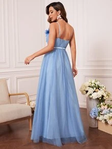 貼花吊帶裙伴娘禮服 - 淺藍色 - 查看 2