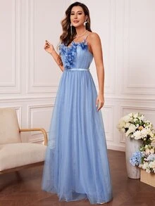 貼花吊帶裙伴娘禮服 - 淺藍色 - 查看 3