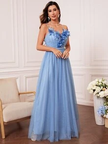 貼花吊帶裙伴娘禮服 - 淺藍色 - 查看 4