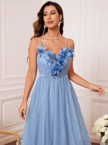 貼花吊帶裙伴娘禮服 - 淺藍色 - 查看 5