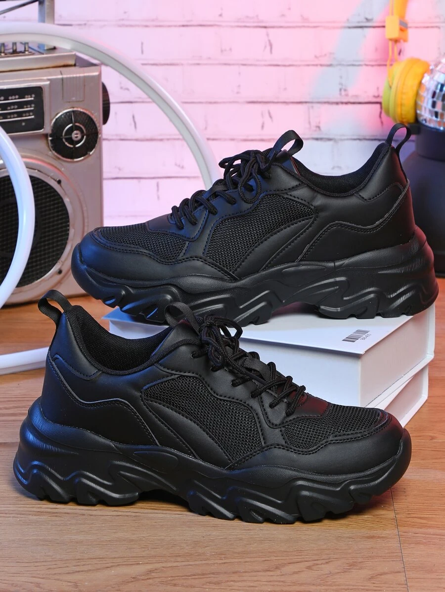 男士前綁帶運動鞋黑色老爹鞋 - 黑色 - 查看 1