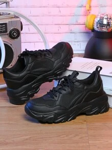 男士前綁帶運動鞋黑色老爹鞋 - 黑色 - 查看 2