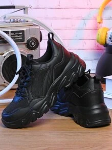 男士前綁帶運動鞋黑色老爹鞋 - 黑色 - 查看 3