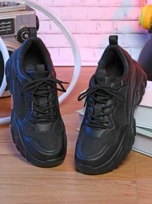 男士前綁帶運動鞋黑色老爹鞋 - 黑色 - 查看 4