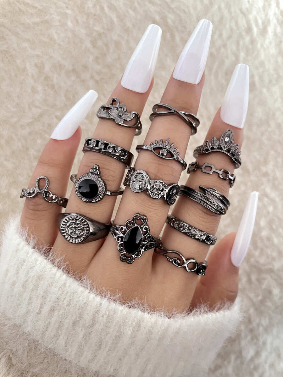 14入組/套太陽和眼睛裝飾戒指 - 槍黑色 - 查看 1