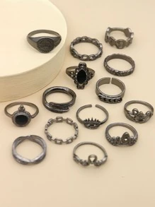 14入組/套太陽和眼睛裝飾戒指 - 槍黑色 - 查看 2
