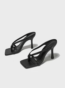 女士新款黑色高跟凉鞋，细跟，小跟，T 型带，趾环，时尚方头，适合户外穿着 - 黑色 - 查看 6