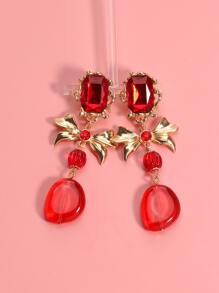 Pendientes largos con diseño de diamante de imitación & lazo - Rojo - Ver 1