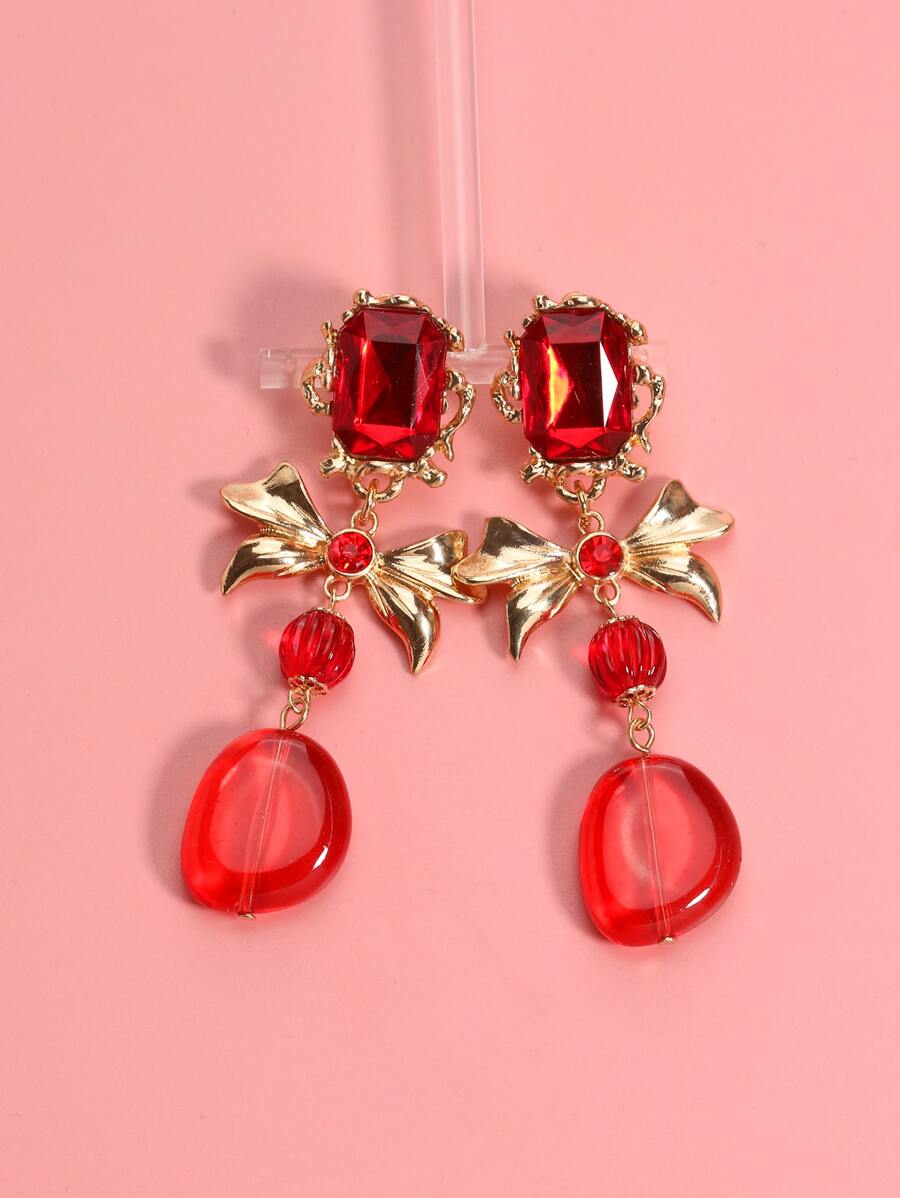 Pendientes largos con diseño de diamante de imitación & lazo - Rojo - Ver 1