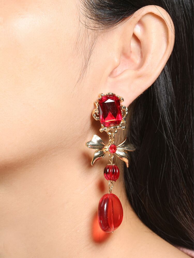 Pendientes largos con diseño de diamante de imitación & lazo - Rojo - Añade 2