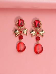 Pendientes largos con diseño de diamante de imitación & lazo - Rojo - Ver 4