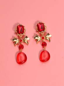 Pendientes largos con diseño de diamante de imitación & lazo - Rojo - Ver 6