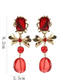 Pendientes largos con diseño de diamante de imitación & lazo - Rojo - Ver 7