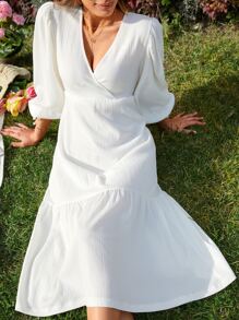 RueChic Surplice Neck Lantern Sleeve Ruffle Hem Dress - White - View 4